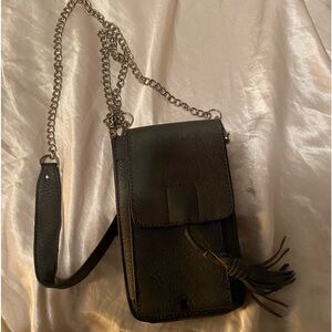 gray cross body wallet with chain straps